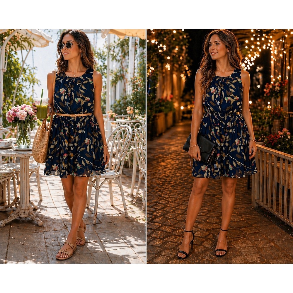 Tenki Romantic Bird Print Navy Chiffon Dress Flowy Sleeveless Mini  
Sz M